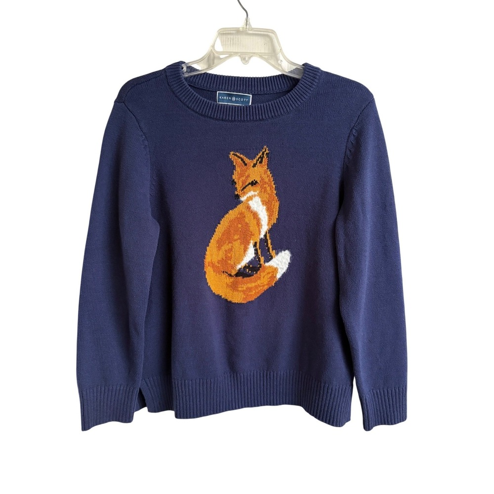 Karen Scott Fox Sweater Womens L Navy Blue Intarsia Woodland Animal Cottagecore